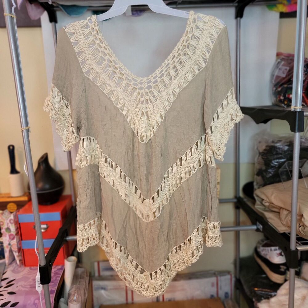 Umgee USA Knit Blouse SS Olive & Cream - Size XL